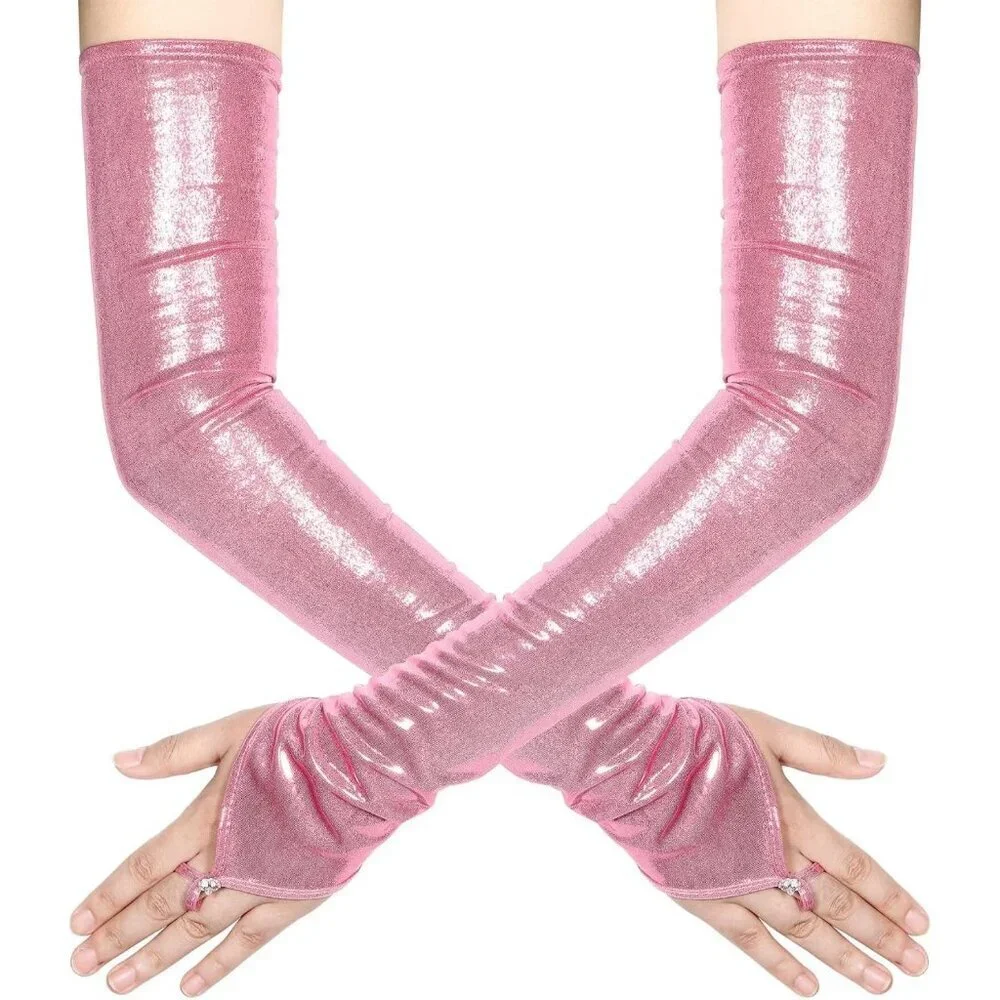 Women's Pink Shiny Elastic Satin Rave Fingerless Long Gloves Party Costume